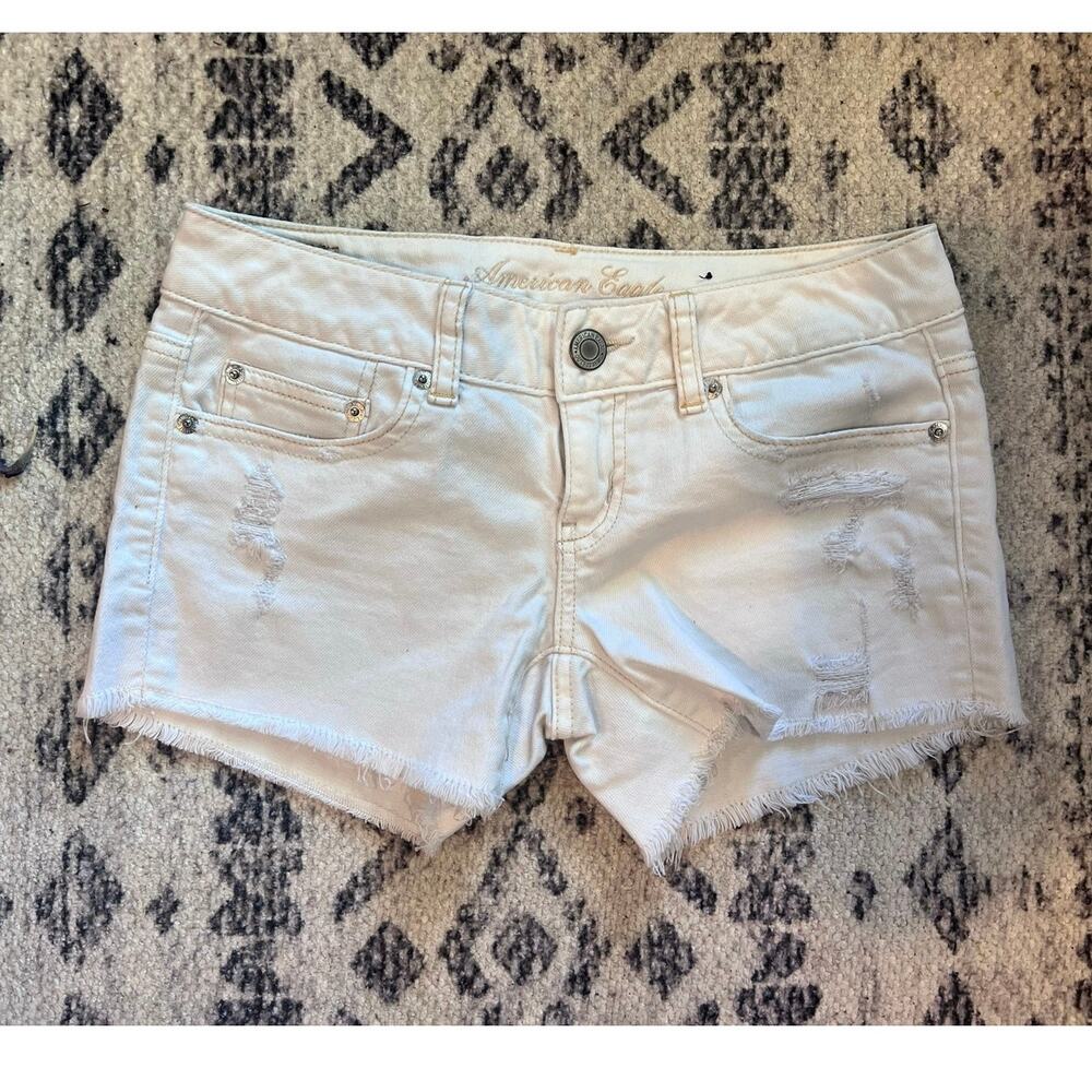 American Eagle Sz 0 Stretch Shorts Jean White Cream Frayed Rodeo Y2K Western